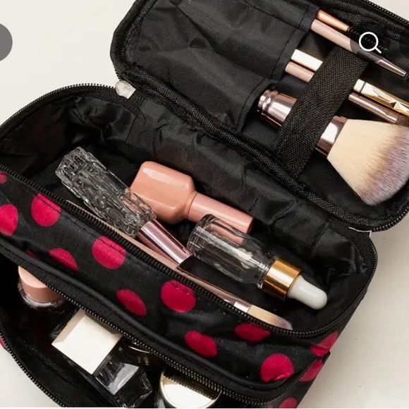 NWT Durable Double Layer Cosmetic Bag with Zipper black with pink dots - Picture 4 of 7